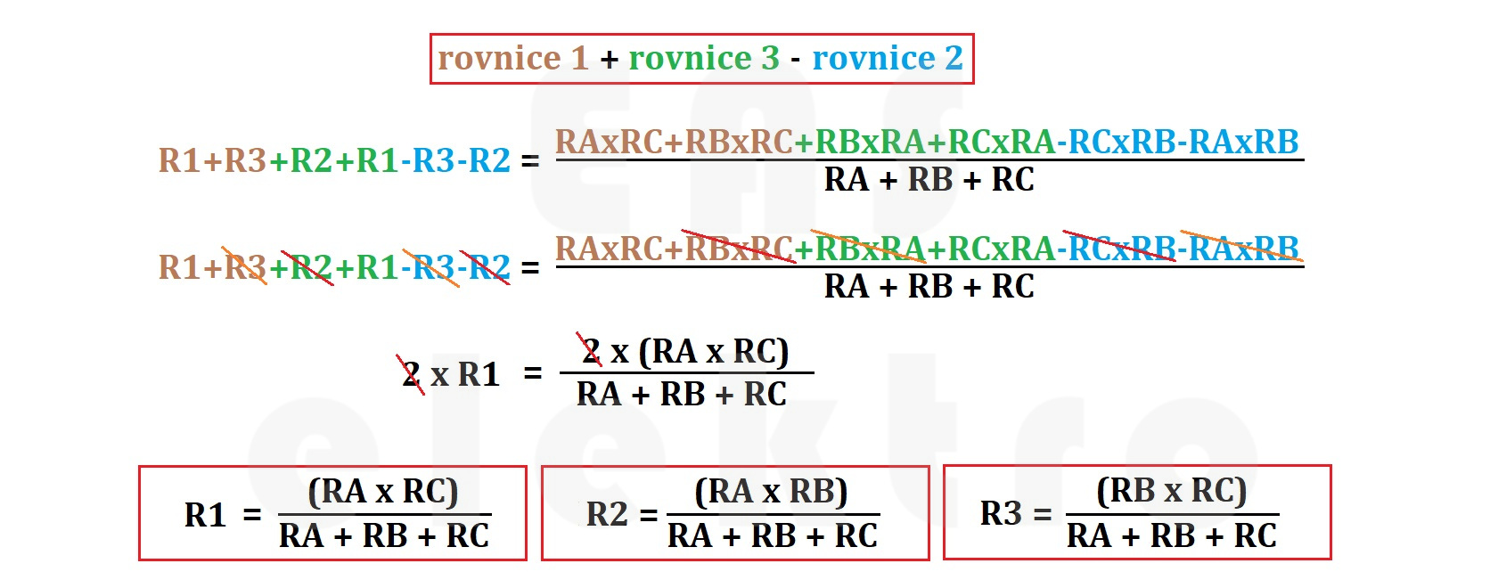 úprava soustavy rovnic a odvození vzorců pro transfiguraci trojúhelník/hvězda